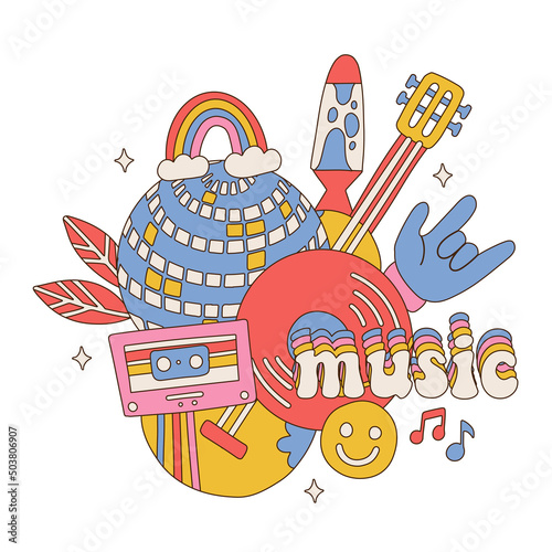 70s Retro music isolated concept. Vintage music elements composition with mirror ball, guitar, record, cassette. Party design concept for print, sticker, tee shirt. Vector hand drawn illustration.