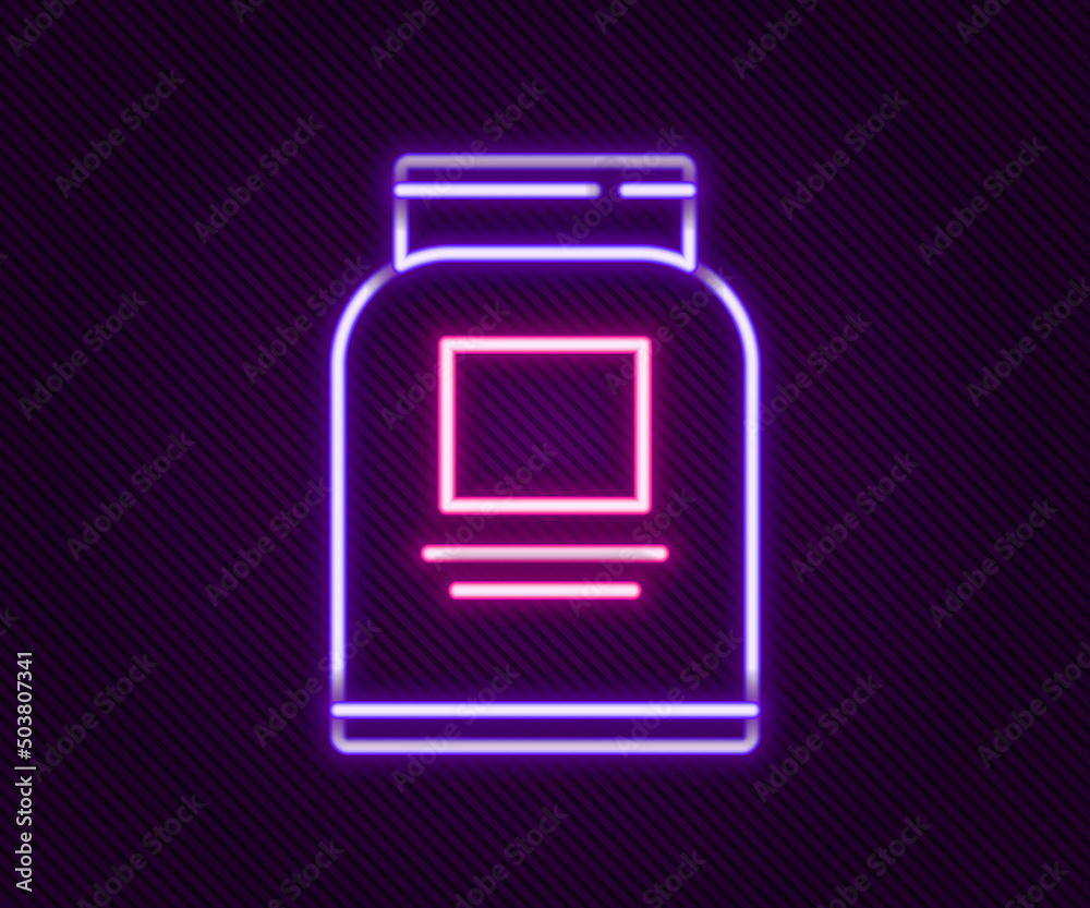 Glowing neon line Sports nutrition bodybuilding proteine power drink and food icon isolated on black background. Colorful outline concept. Vector Glowing neon line Sports nutrition bodybuilding proteine power drink and food icon isolated on black background. Colorful outline concept. Vector