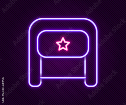 Glowing neon line Ushanka icon isolated on black background. Russian fur winter hat ushanka with star. Soviet Union uniform of KGB and NKVD. Colorful outline concept. Vector