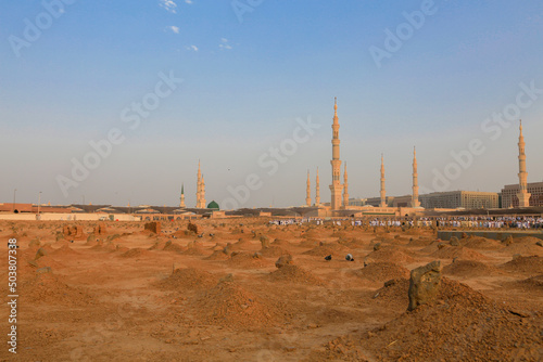View of Baqee' Muslim cemetary at Masjid (mosque) Nabawi in Al Madinah, Kingdom of Saudi Arabia. photo