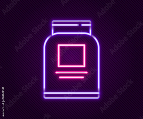 Glowing neon line Sports nutrition bodybuilding proteine power drink and food icon isolated on black background. Colorful outline concept. Vector