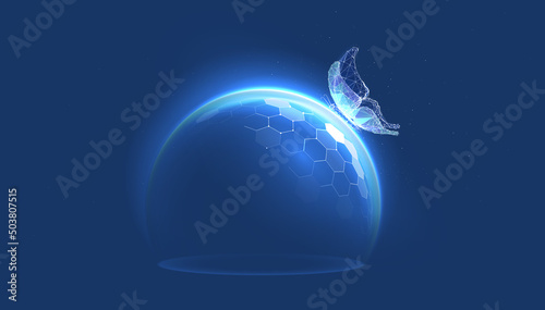 Butterfly with protective shield insurance concept in digital futuristic polygonal style. The dome is a force field as a symbol of conservation or nurturing. Mockup with an empty area in the center
