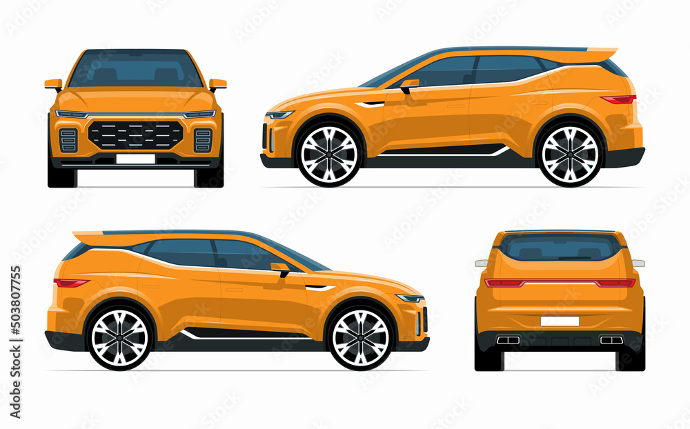 Modern SUV car mockup. Side, front, rear view of a crossover vehicle isolated on white background. Vector car for road traffic and transportation illustrations.