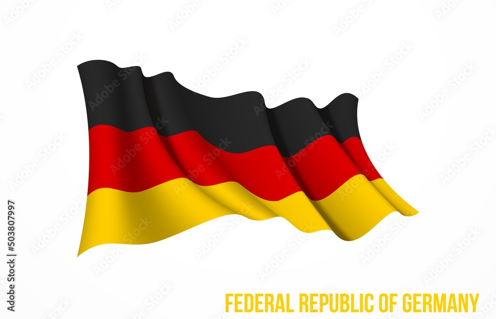 Obraz premium Germany flag state symbol isolated on background national banner. Greeting card National Independence Day of the Federal Republic of Germany. Illustration banner with realistic state flag of FRG.