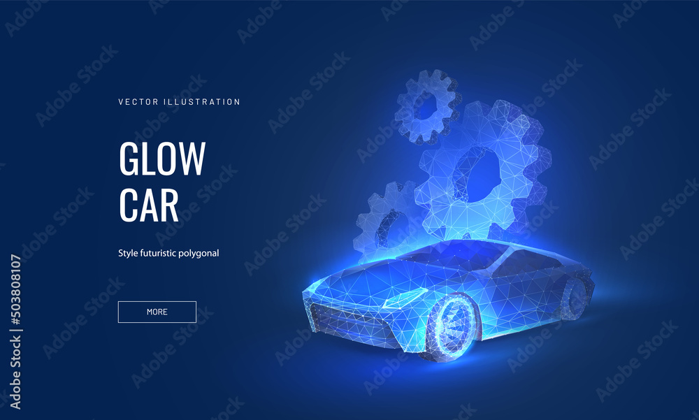 Car service in abstract futuristic style. Part of the mechanism of the car, the concept of car service and technological innovation. Vector illustration with light effect and neon.
