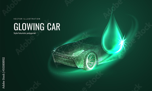 Bio fuel in tech futuristic style. Alternative clean energy for electric car with light effect. Vector illustration of replacing fuel in a vehicle in neon style on a green background.