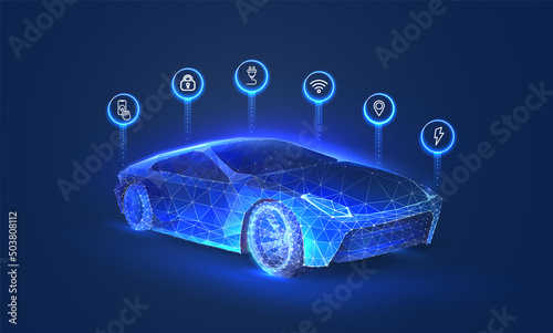Smart machine diagnostics in digital futuristic style. Electro car hologram on a blue background. Vector illustration with light effect and neon