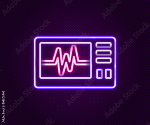 Glowing neon line Computer monitor with cardiogram icon isolated on black background. Monitoring icon. ECG monitor with heart beat hand drawn. Colorful outline concept. Vector