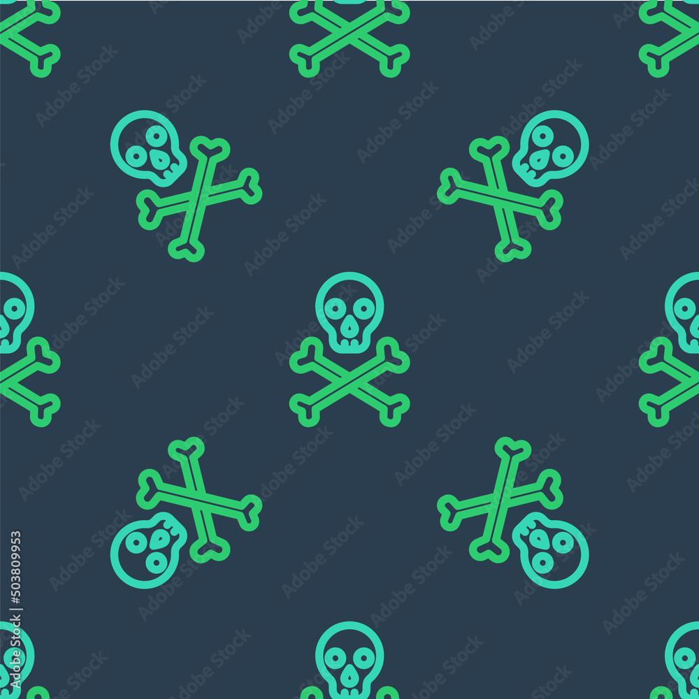 Fototapeta premium Line Skull on crossbones icon isolated seamless pattern on blue background. Happy Halloween party. Vector