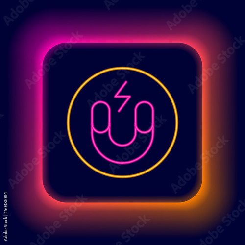 Glowing neon line Magnet icon isolated on black background. Horseshoe magnet, magnetism, magnetize, attraction. Colorful outline concept. Vector