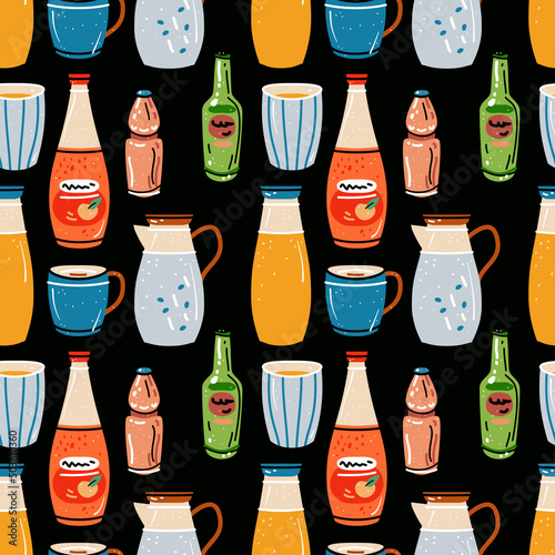 Colored seamless of food and drink. Pattern with bright colorful crockery. Cups for coffee, tea. Bottles of orange juice, jugs of milk. Colorful background for kitchen design.