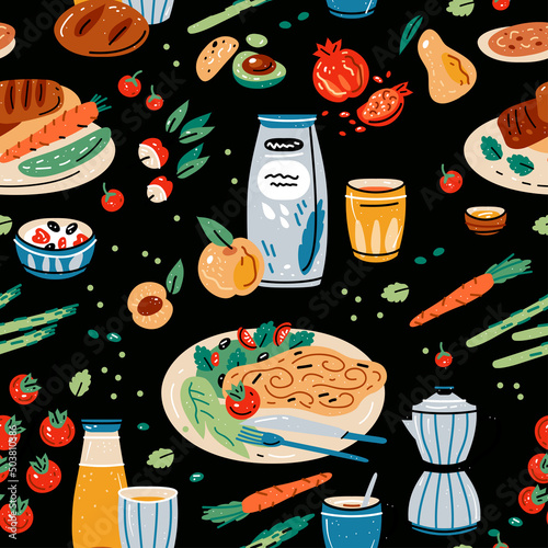 Colored seamless pattern of food and drink. Vector illustration for design of menu. Wallpaper, print, packaging, paper, textile design.