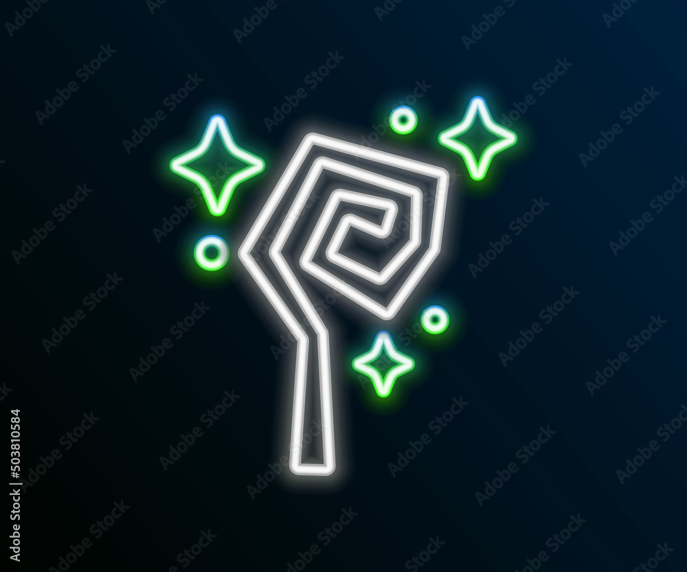 Glowing neon line Magic staff icon isolated on black background. Magic wand, scepter, stick, rod. Colorful outline concept. Vector