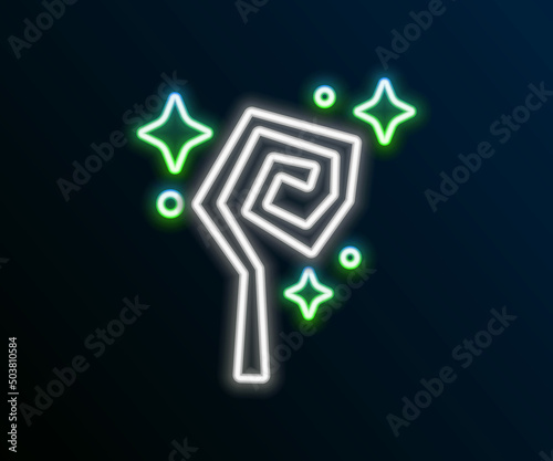 Glowing neon line Magic staff icon isolated on black background. Magic wand, scepter, stick, rod. Colorful outline concept. Vector