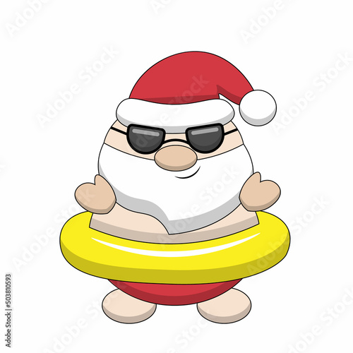 Summer Santa with inflatable rubber ring and black glasses. Draw illustration in color