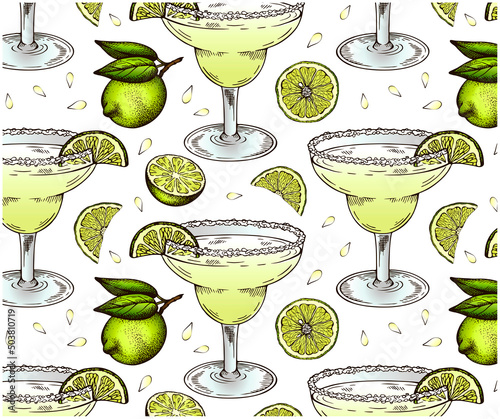 Sketch hand drawn pattern of Margarita cocktail in glass with a slice of green lime isolated on white background. Drawing alcohol drink wallpaper. Summer bar menu, lemon beverage. Vector illustration.