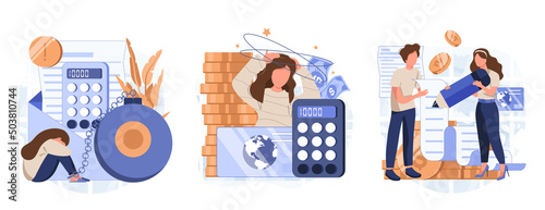 Characters having financial problems, debts and loans. People holding long bill, reading letter from collection agency and carrying debt. Flat cartoon vector illustration and icons set.