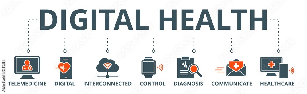 Digital health banner web icon vector illustration concept for technology in medical healthcare with icon of e-health, telemedicine, interconnected, smart watch, diagnosis, email, and medical app Digital health banner web icon vector illustration concept for technology in medical healthcare with icon of e-health, telemedicine, interconnected, smart watch, diagnosis, email, and medical app