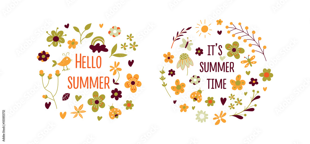 Collection of colored beautiful summer stickers pack. Summer hand drawn lettering vector set. Cozy design elements decorative bundle. All objects are separated. Hand drawn. Vector illustration.