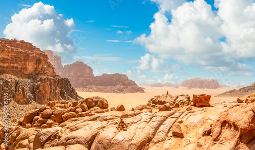 Red rocks, sands, mountains and landscape of Wadi Rum desert, Jordan