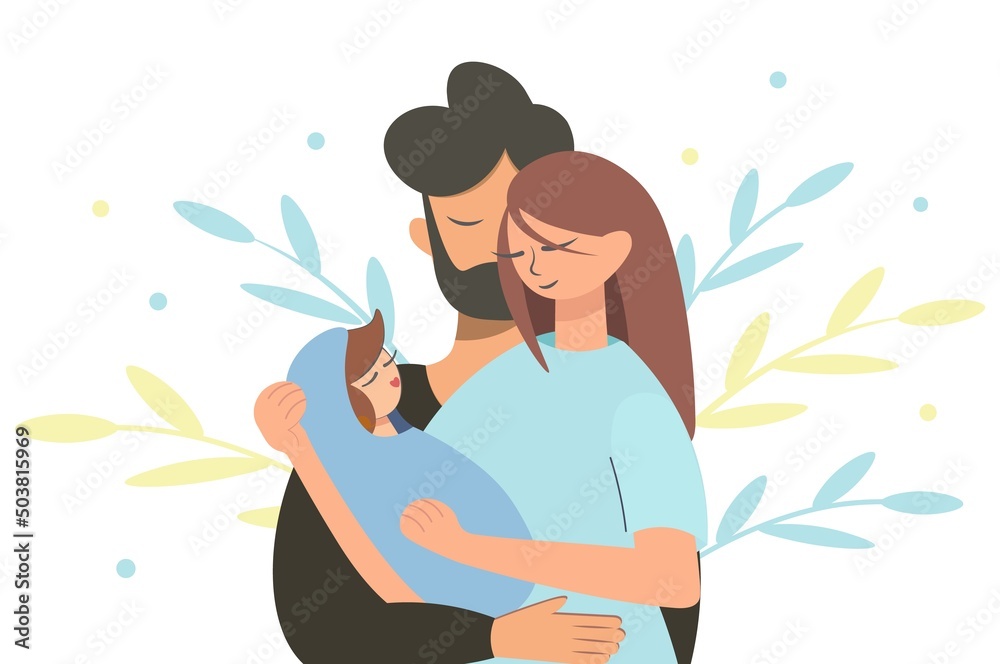 Mom dad and baby. Family day illustration. Happy married couple with newborn baby, decorative background with leaves. Flat style. The concept of love, care, family happiness.Vector design. Mom dad and baby. Family day illustration. Happy married couple with newborn baby, decorative background with leaves. Flat style. The concept of love, care, family happiness.Vector design.