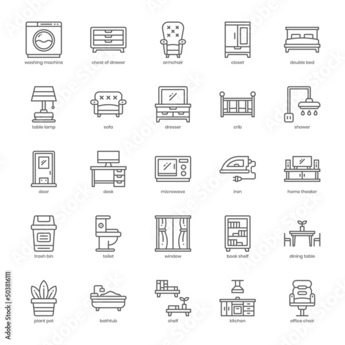 Furniture icon pack for your website design, logo, app, UI. Furniture icon outline design. Vector graphics illustration and editable stroke.
