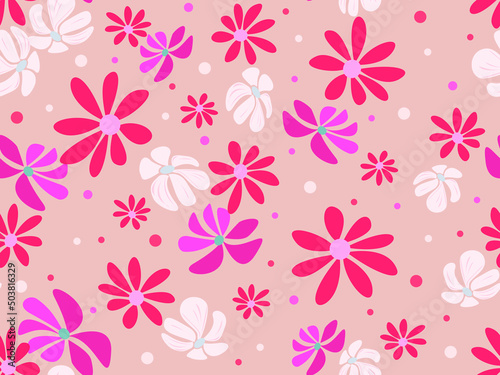 Seamless pink floral pattern with painted flowers.