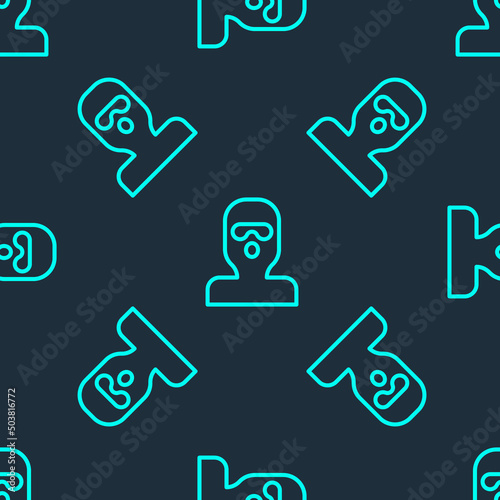 Green line Thief mask icon isolated seamless pattern on blue background. Bandit mask, criminal man. Vector