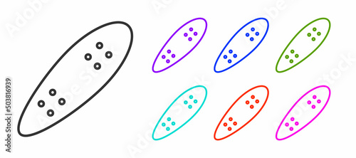 Black line Longboard or skateboard cruiser icon isolated on white background. Extreme sport. Sport equipment. Set icons colorful. Vector