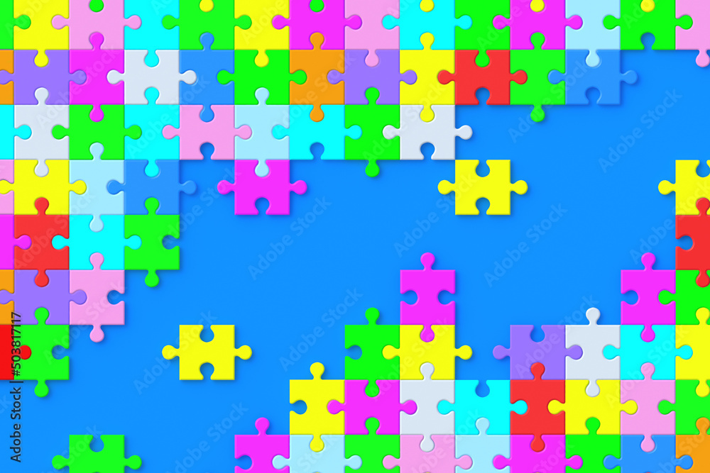 Lot of unfinished colorful puzzle jiggle pieces on violet background. Flat lay. 3d render