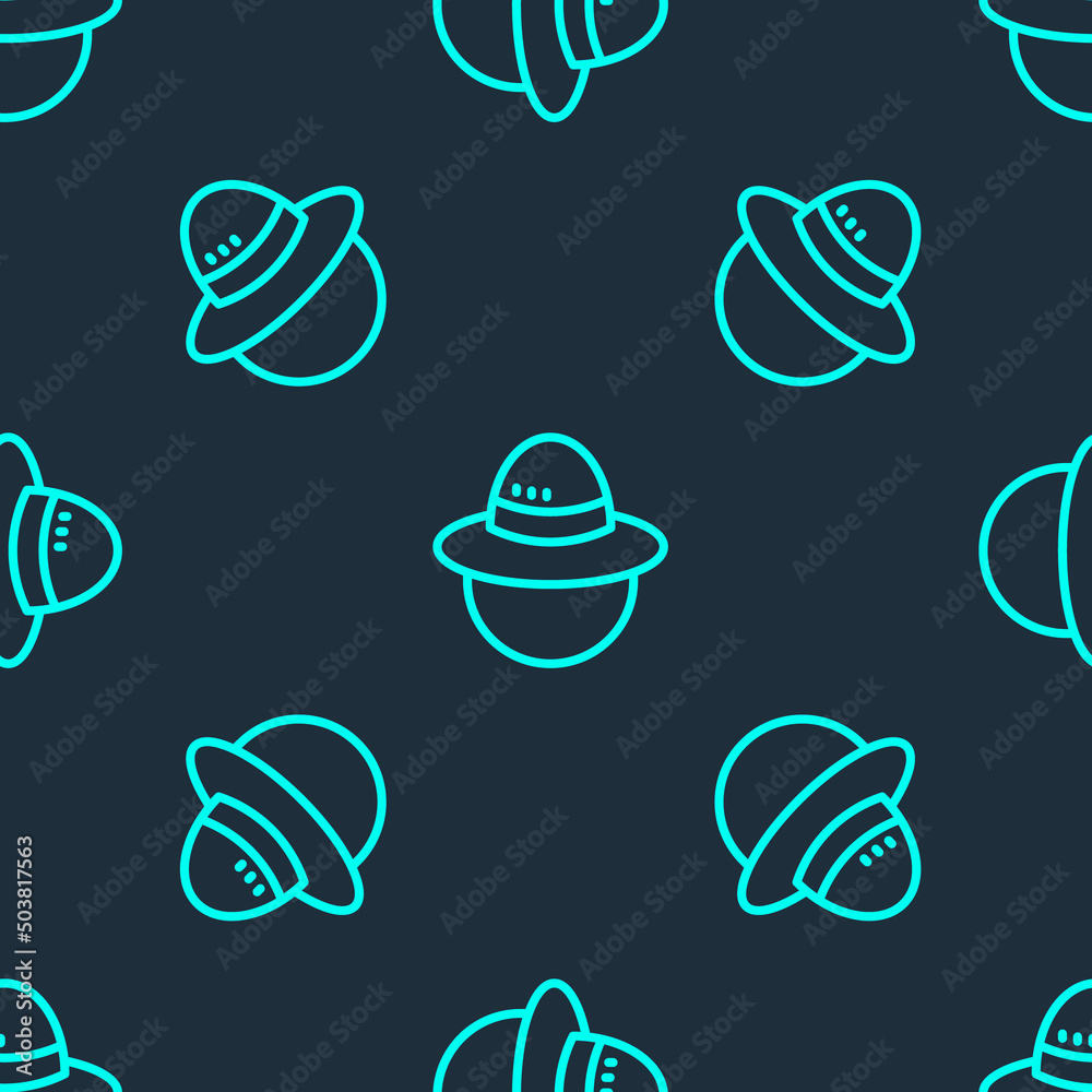 Green line Camping hat icon isolated seamless pattern on blue background. Beach hat panama. Explorer travelers hat for hunting, hiking, tourism. Vector
