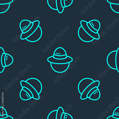 Green line Camping hat icon isolated seamless pattern on blue background. Beach hat panama. Explorer travelers hat for hunting  hiking  tourism. Vector