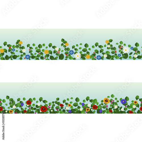 Simple cartoon flower seamless panoramas set. Bright colors, soft colors, natural design.