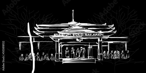 Black and white sketch of a Balapan Solo Train Station. Vector illustration photo