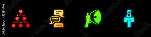 Set Hierarchy organogram chart, Speech bubble chat, Megaphone and Stage stand tribune icon. Vector