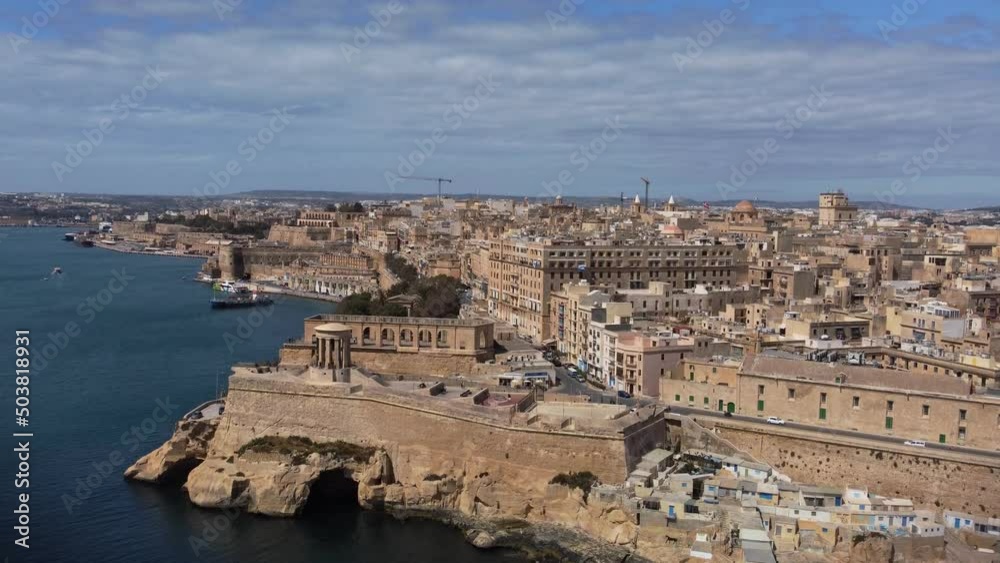 Flying over Valletta in Malta. Descending over St. Elmo Flying over Valletta in Malta. Descending over St. Elmo