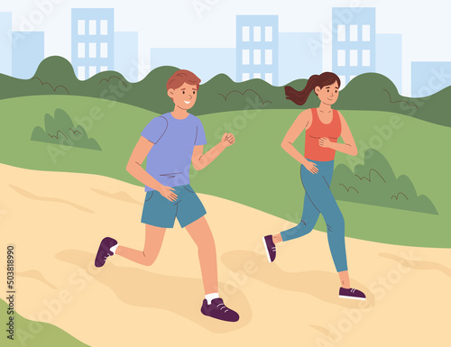Young people jogging in city park in summer. Group of runners running along path, training outdoors.
