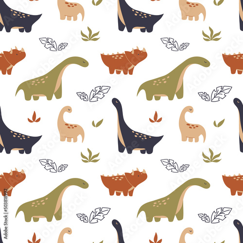 Seamless pattern with cute dinosaurs. Creative childish texture for fabric, wrapping, textile, wallpaper, apparel. Cute baby background.