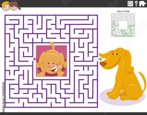 maze game with cartoon mother dog and cute little puppy