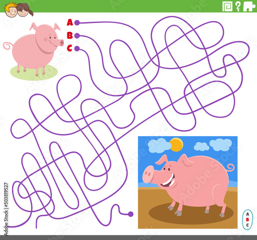maze game with cartoon pig character and piglet