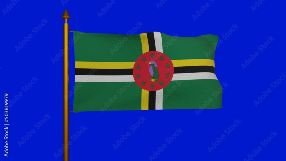 National flag of Dominica waving 3D Render with flagpole on chroma key ...