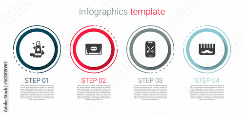 Set Bottle of shampoo, Blade razor, Barber online service platform and Hairbrush. Business infographic template. Vector