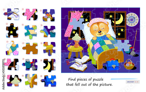 Logic game for children and adults. Find pieces of puzzle that fell out of picture. Page for kids brain teaser book. Task for attentiveness. Developing spatial thinking. Play online. Vector image.