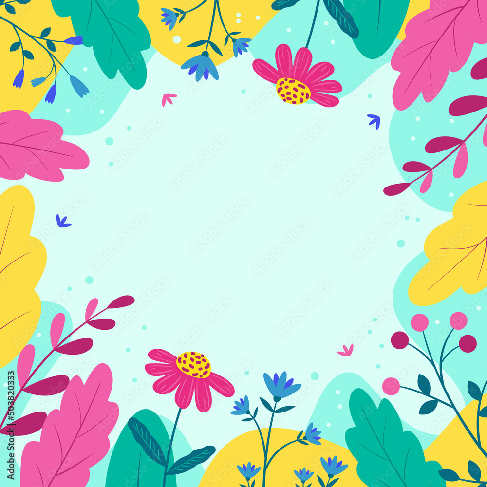 Abstract floral background in flat design. Summer flowers and leaves.