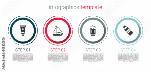 Set Sunscreen cream in tube, Yacht sailboat, Wooden beer mug and Bottle of water. Business infographic template. Vector