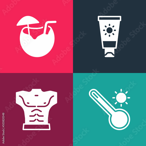 Set pop art Meteorology thermometer, Bodybuilder muscle, Sunscreen cream in tube and Coconut cocktail icon. Vector