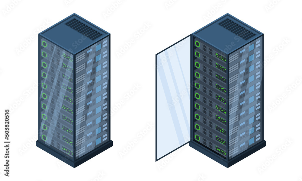 Isometric servers. Data storages. 3D computer equipment. Storage database. Equipment server network. Big data illustration Isometric servers. Data storages. 3D computer equipment. Storage database. Equipment server network. Big data illustration