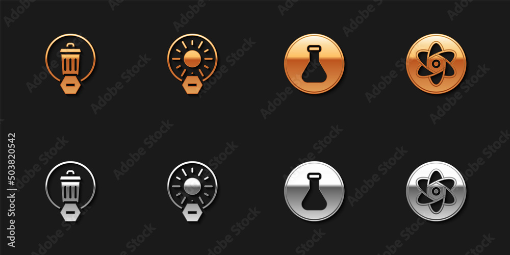 Set Trash can, No direct sunlight, Test tube and flask and icon. Vector