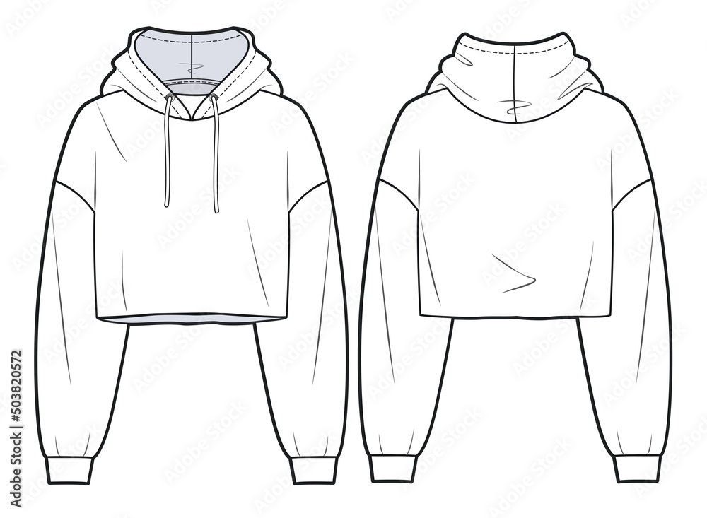 Girl's cropped Sweatshirt design fashion flat sketch template. Oversize crop  Hoodie sweat with long sleeves techical drawing template. Hoodie fashion  cad. Stock Vector