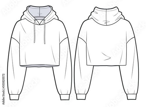 Girl's cropped Sweatshirt design fashion flat sketch template. Oversize crop Hoodie sweat with long sleeves techical drawing template. Hoodie fashion cad.